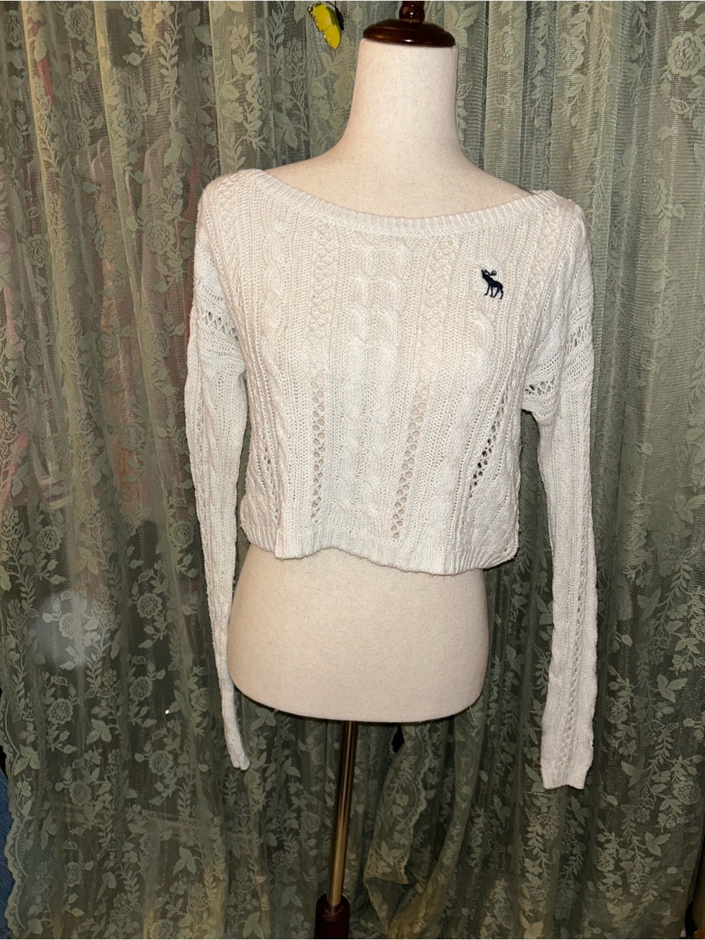 Abercrombie & Fitch Y2K White Ivory Cable Knit Cropped Sweater XS